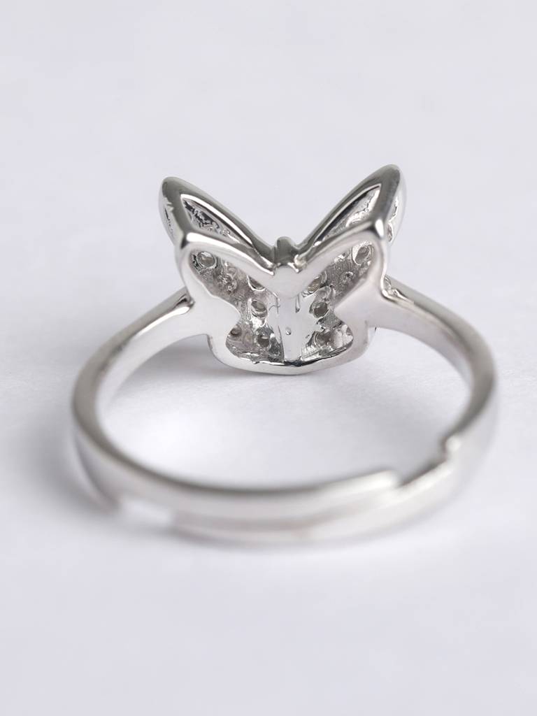 925 Sterling Silver Rhodium Plated Swiss Zirconia Butterfly Ring With Adjustable Band Gift For Women & Girls : CSADJR8_F