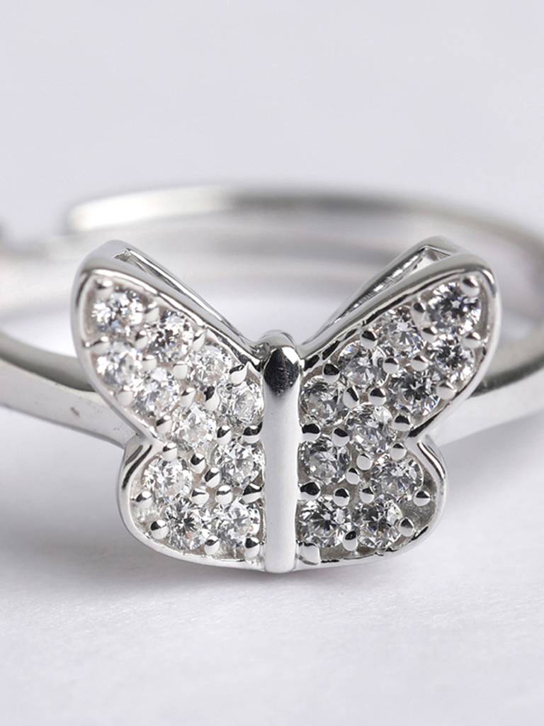 925 Sterling Silver Rhodium Plated Swiss Zirconia Butterfly Ring With Adjustable Band Gift For Women & Girls : CSADJR8_F