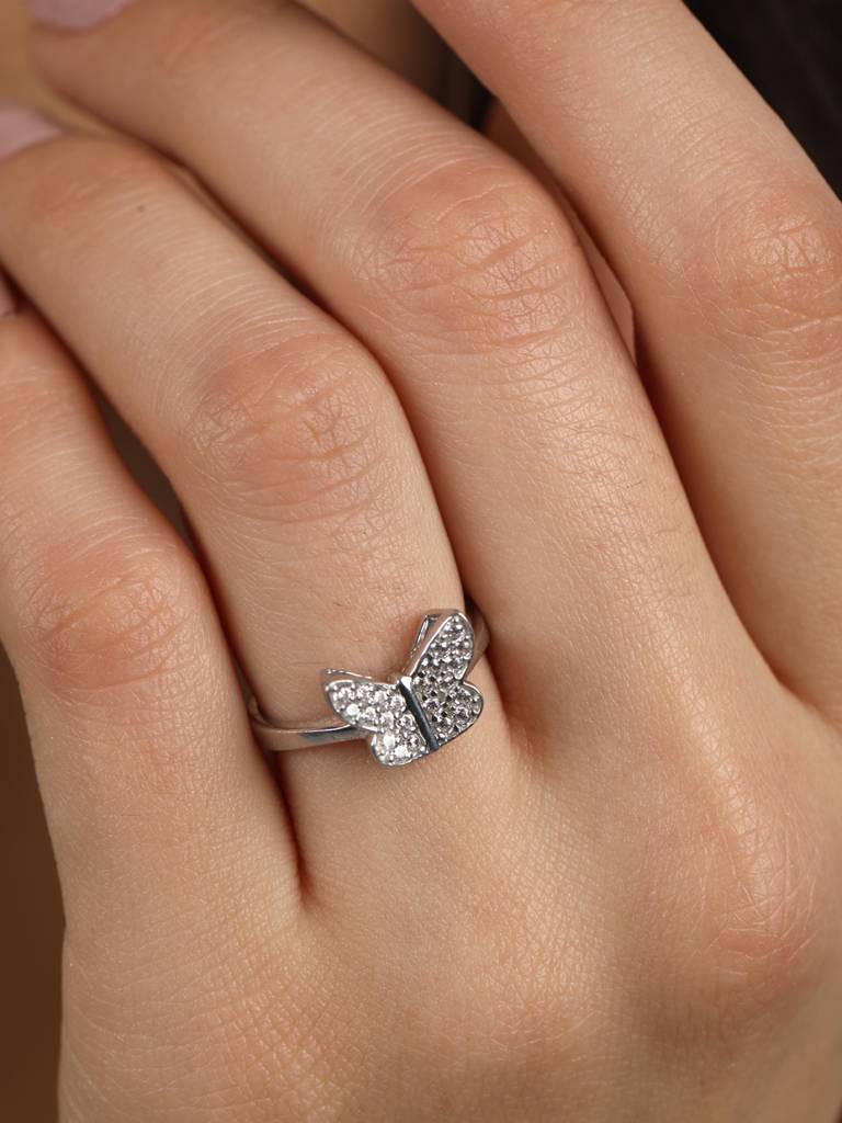 925 Sterling Silver Rhodium Plated Swiss Zirconia Butterfly Ring With Adjustable Band Gift For Women & Girls : CSADJR8_F