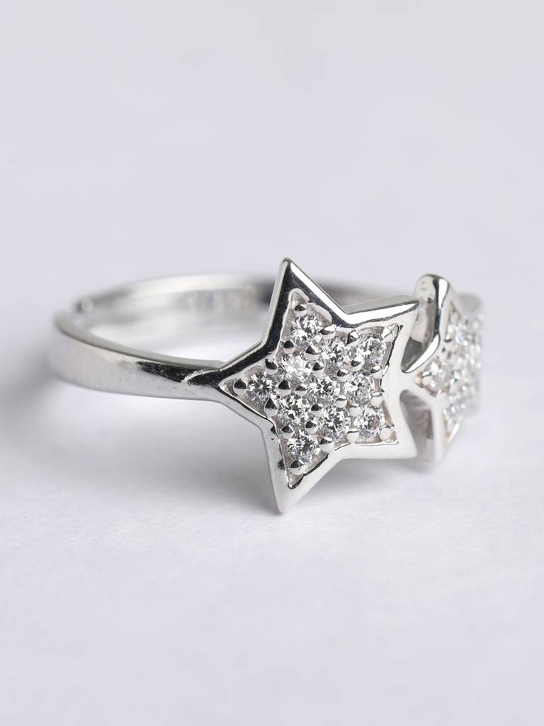 925 Sterling Silver Rhodium Plated Swiss Zirconia Star Ring With Adjustable Band Gift For Women & Girls : CSADJR9_F