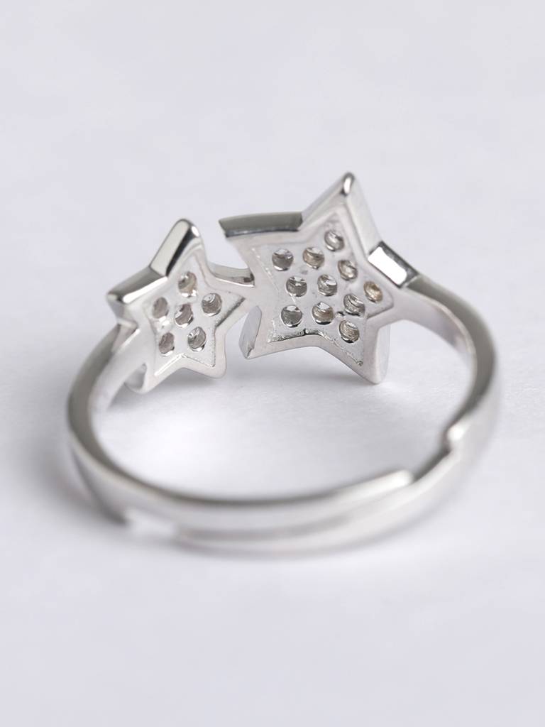 925 Sterling Silver Rhodium Plated Swiss Zirconia Star Ring With Adjustable Band Gift For Women & Girls : CSADJR9_F