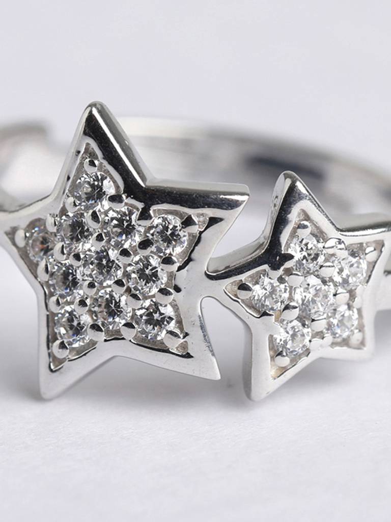 925 Sterling Silver Rhodium Plated Swiss Zirconia Star Ring With Adjustable Band Gift For Women & Girls : CSADJR9_F