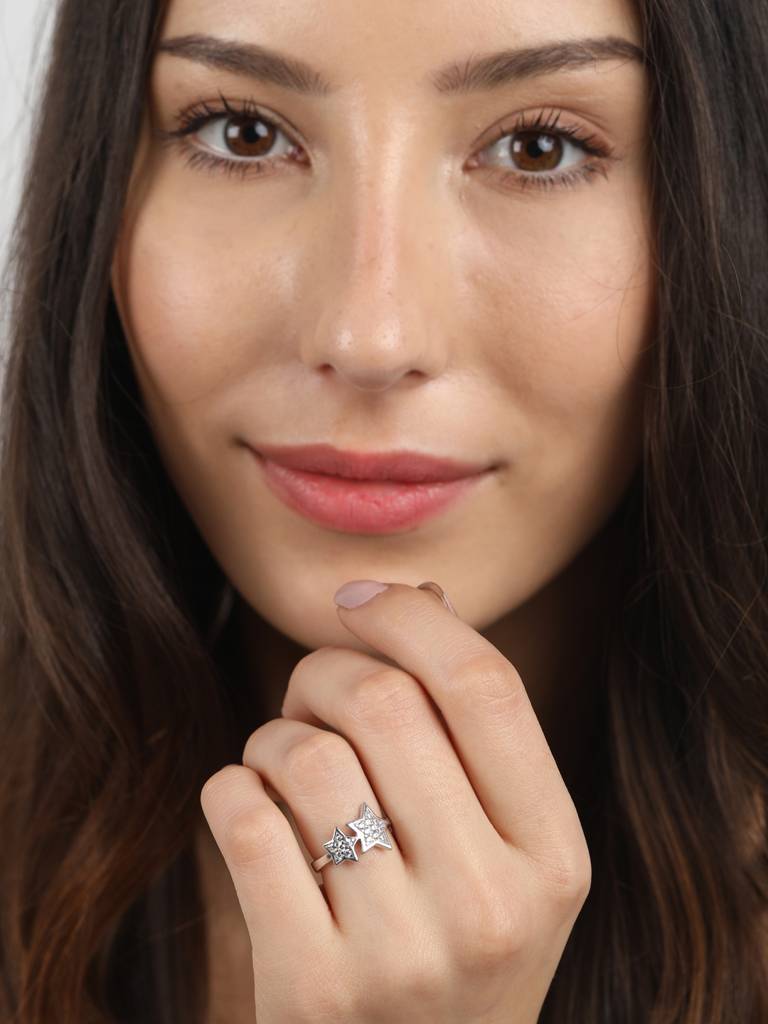 925 Sterling Silver Rhodium Plated Swiss Zirconia Star Ring With Adjustable Band Gift For Women & Girls : CSADJR9_F