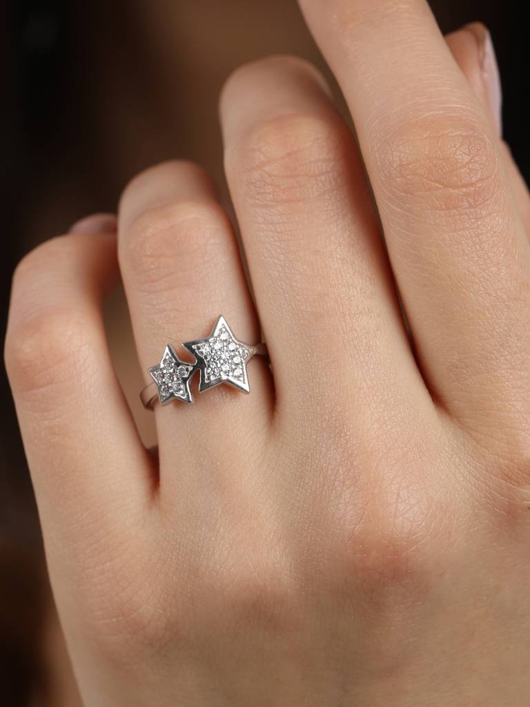 925 Sterling Silver Rhodium Plated Swiss Zirconia Star Ring With Adjustable Band Gift For Women & Girls : CSADJR9_F