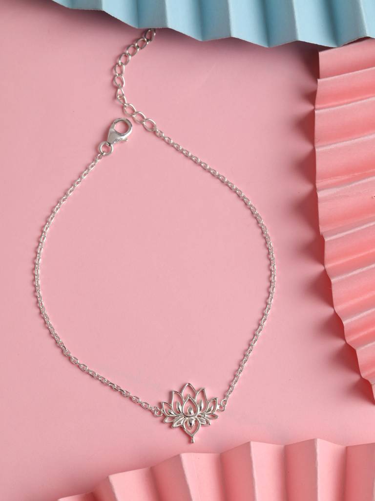 925 Sterling Silver Lotus Adjustable Chain Anklet Payal ( Single ) Gift For Women & Girls : CSANK10