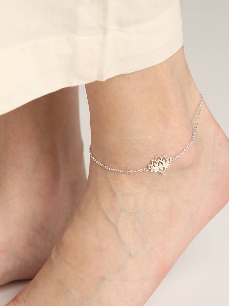 925 Sterling Silver Lotus Adjustable Chain Anklet Payal ( Single ) Gift For Women & Girls : CSANK10