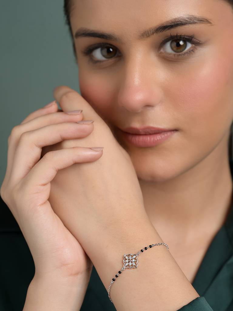 Tashi Hand Mangalsutra Adjustable Bracelet With Black Beads Chain Gift For Wife : CSBRF58_MCH