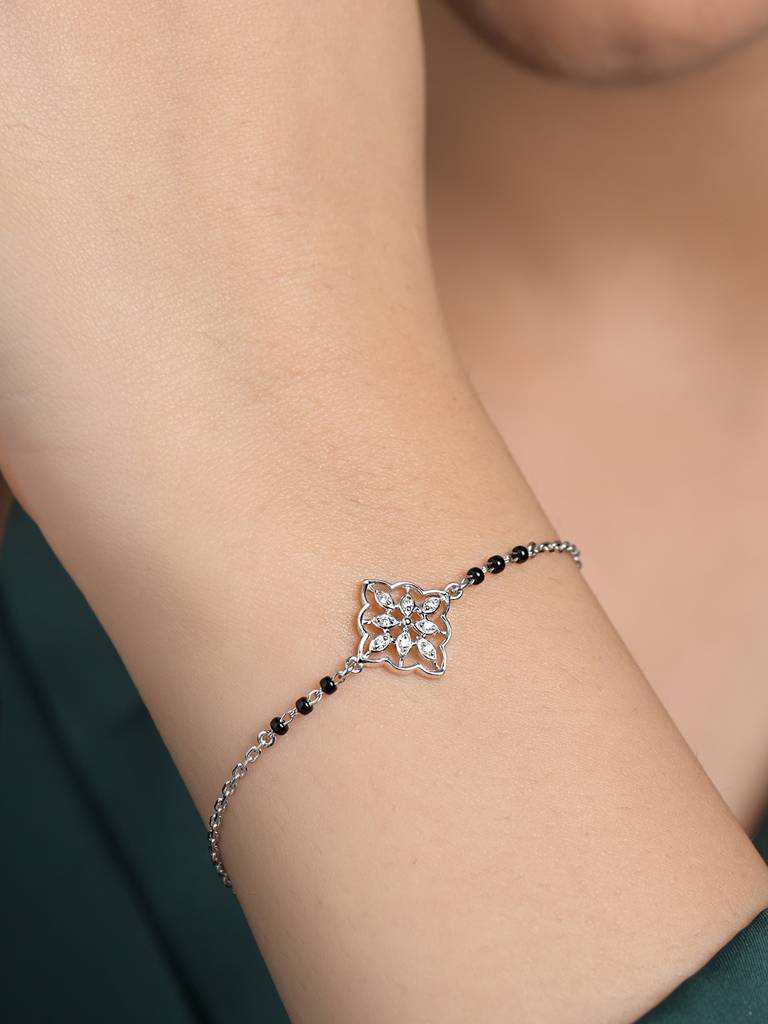 Tashi Hand Mangalsutra Adjustable Bracelet With Black Beads Chain Gift For Wife : CSBRF58_MCH