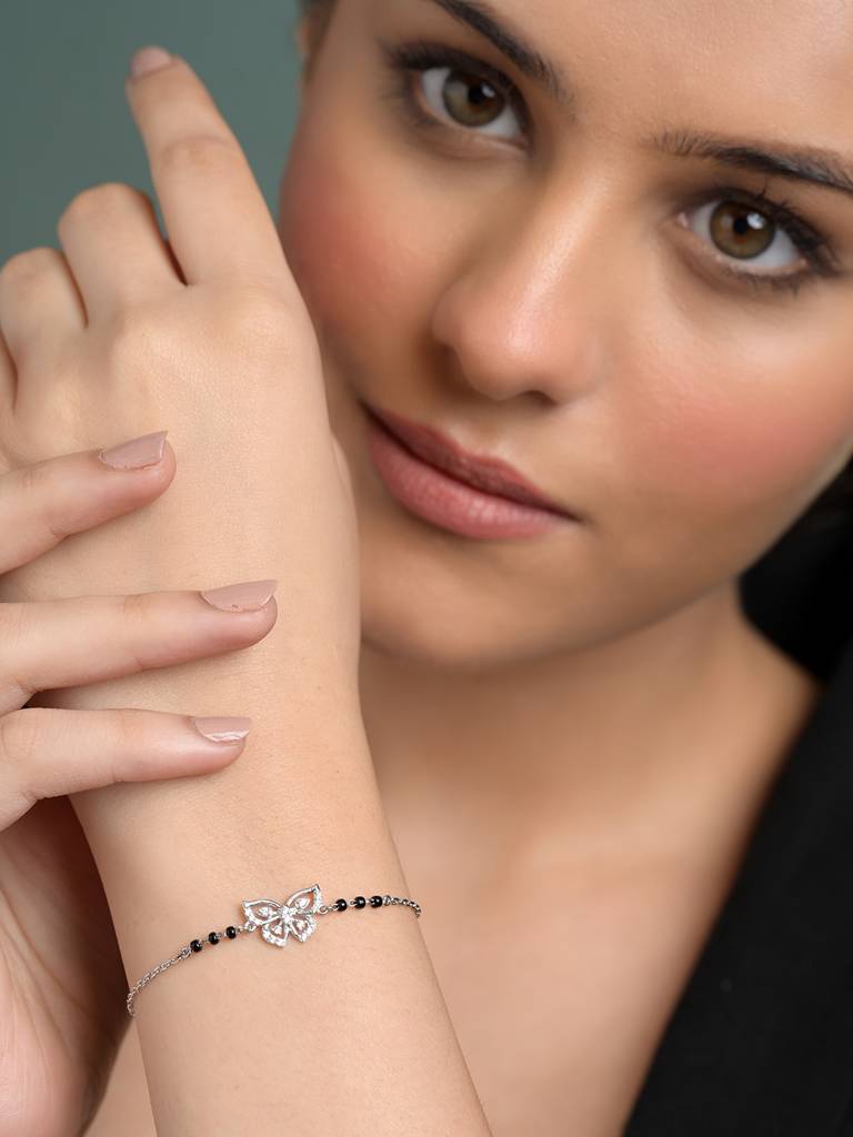 Eternz Certified Jewellery - Clara Zoha Butterfly Hand Mangalsutra Adjustable Bracelet With Black Beads Chain Gift For Wife