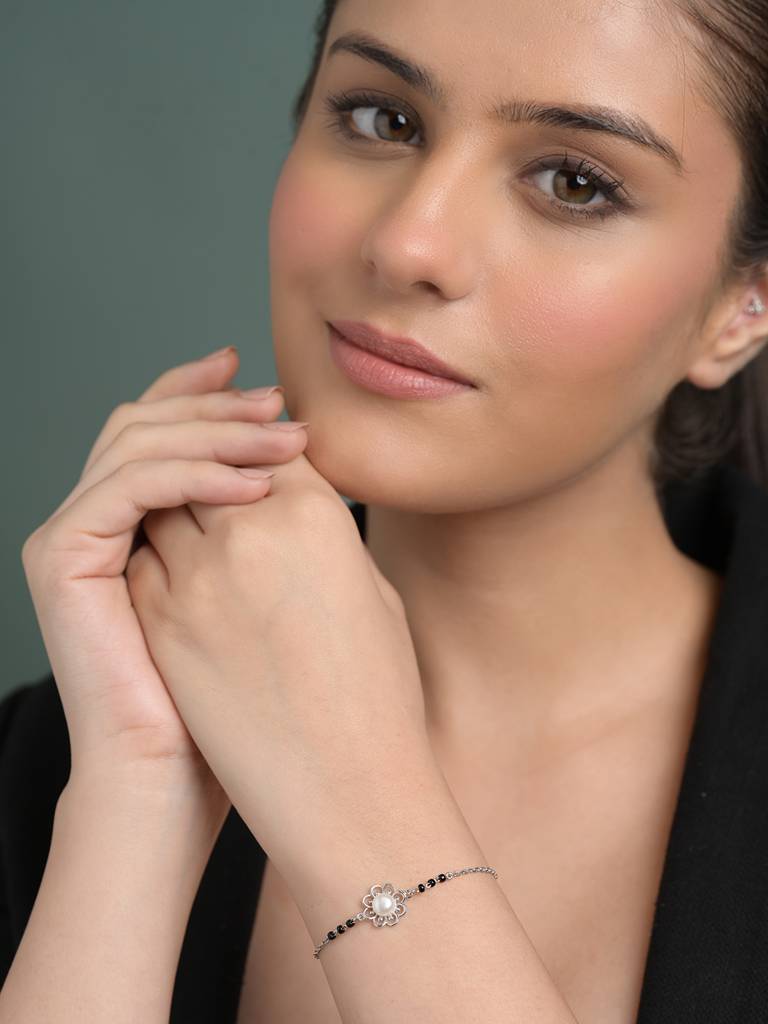 Zaba Pearl Hand Mangalsutra Adjustable Bracelet With Black Beads Chain Gift For Women : CSBRF61_MCH