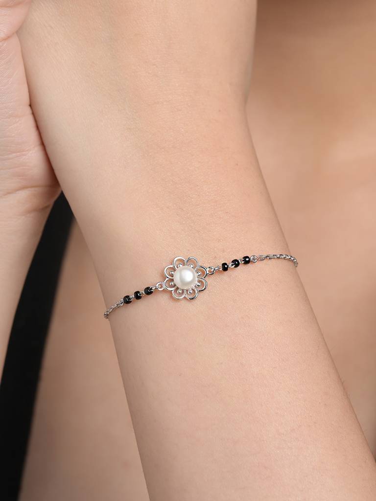 Zaba Pearl Hand Mangalsutra Adjustable Bracelet With Black Beads Chain Gift For Women : CSBRF61_MCH