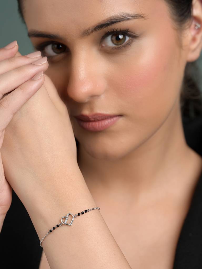 Jivika Heart Hand Mangalsutra Adjustable Bracelet With Black Beads Chain Gift For Women : CSBRF63_MCH