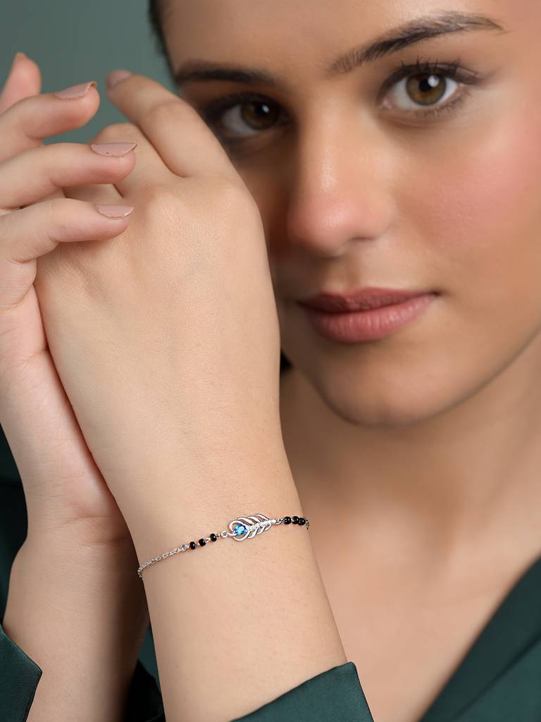 Hiya Morpankh Hand Mangalsutra Adjustable Bracelet With Black Beads Chain Gift For Wife : CSBRF65_MCH