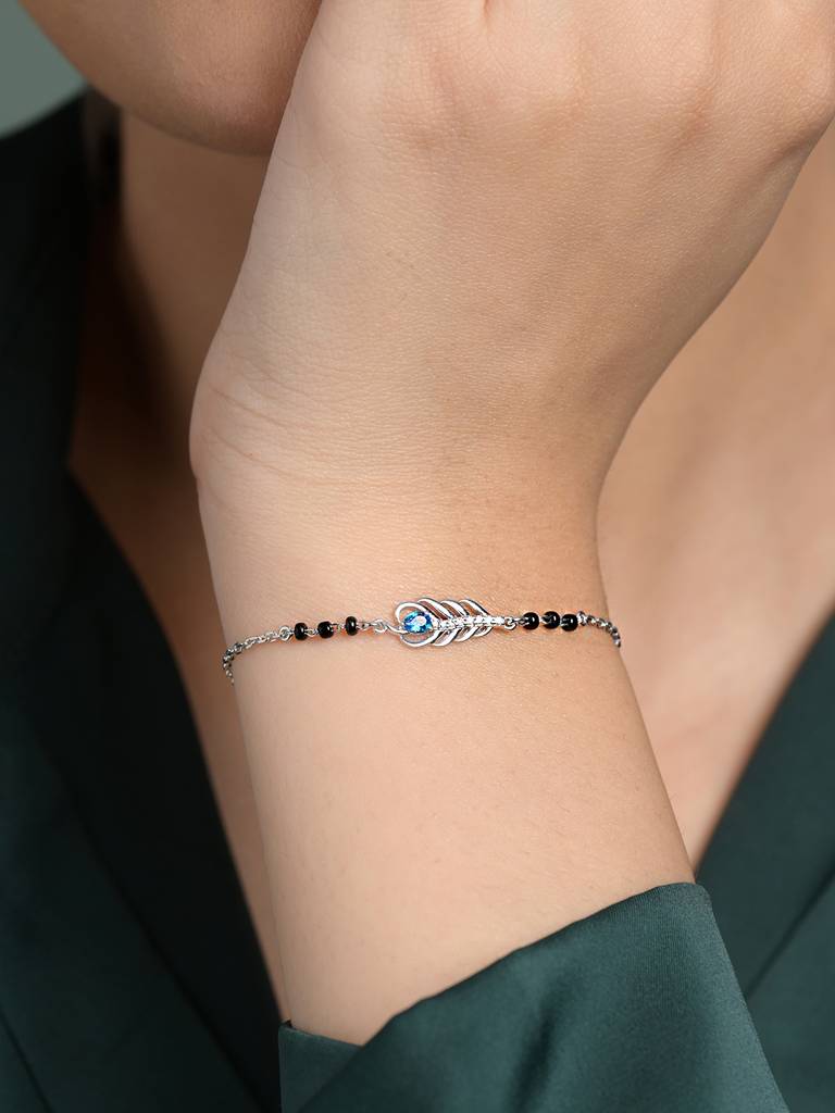 Hiya Morpankh Hand Mangalsutra Adjustable Bracelet With Black Beads Chain Gift For Wife : CSBRF65_MCH