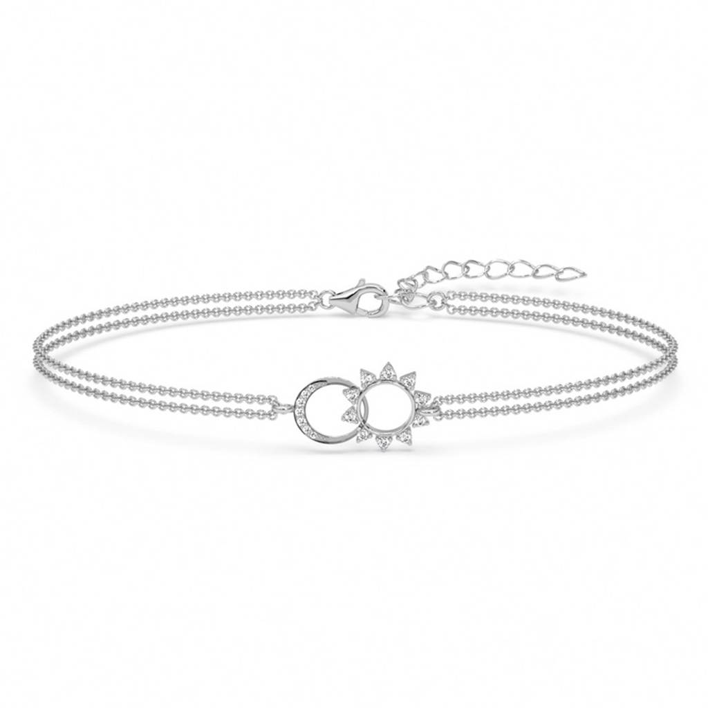925 Silver Platinum Plated Swiss Zirconia Sun & Moon Double Chain Bracelet : CSBRF67_SCH