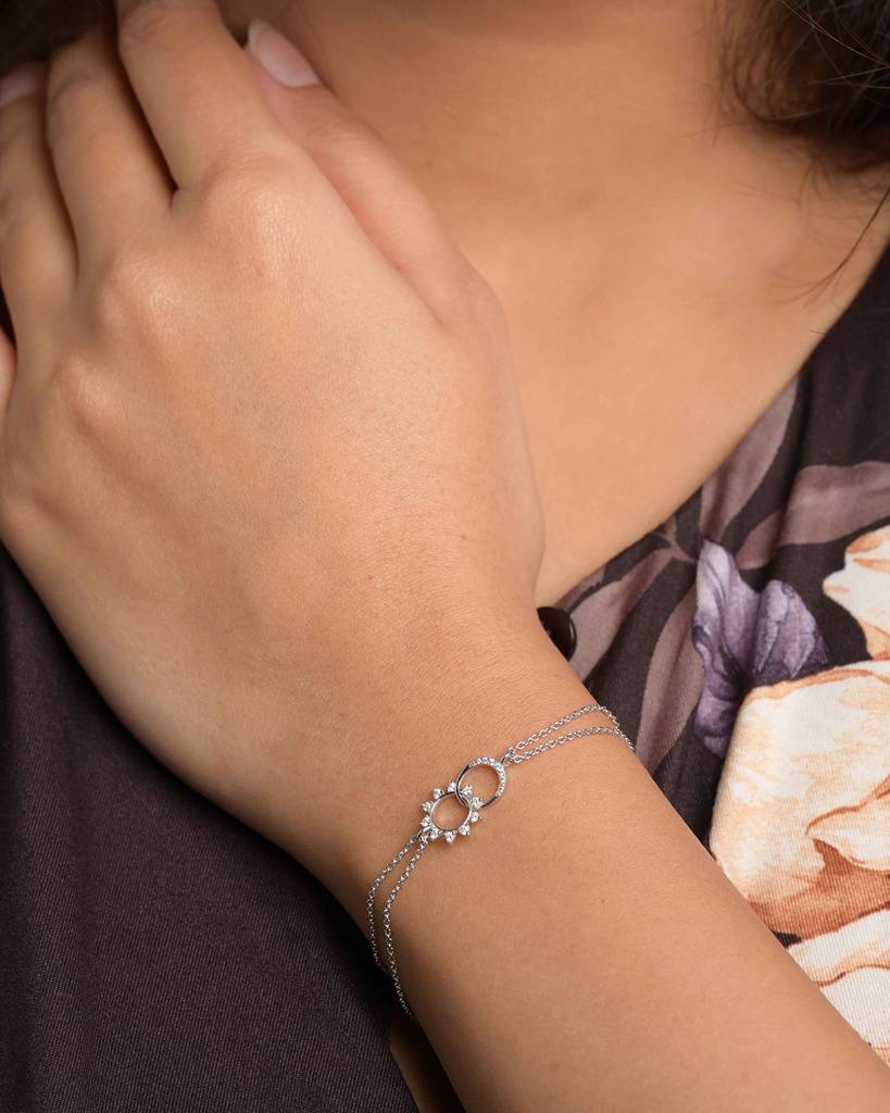 925 Silver Platinum Plated Swiss Zirconia Sun & Moon Double Chain Bracelet : CSBRF67_SCH