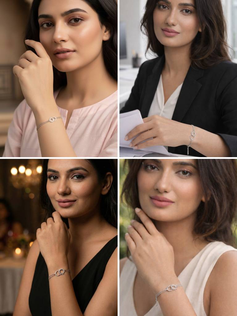 925 Silver Platinum Plated Swiss Zirconia Sun & Moon Double Chain Bracelet : CSBRF67_SCH