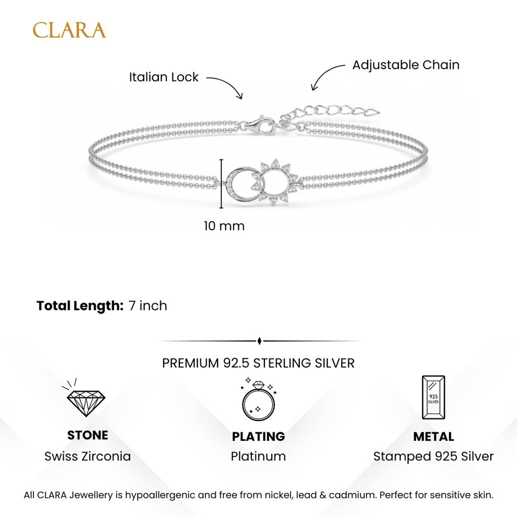925 Silver Platinum Plated Swiss Zirconia Sun & Moon Double Chain Bracelet : CSBRF67_SCH