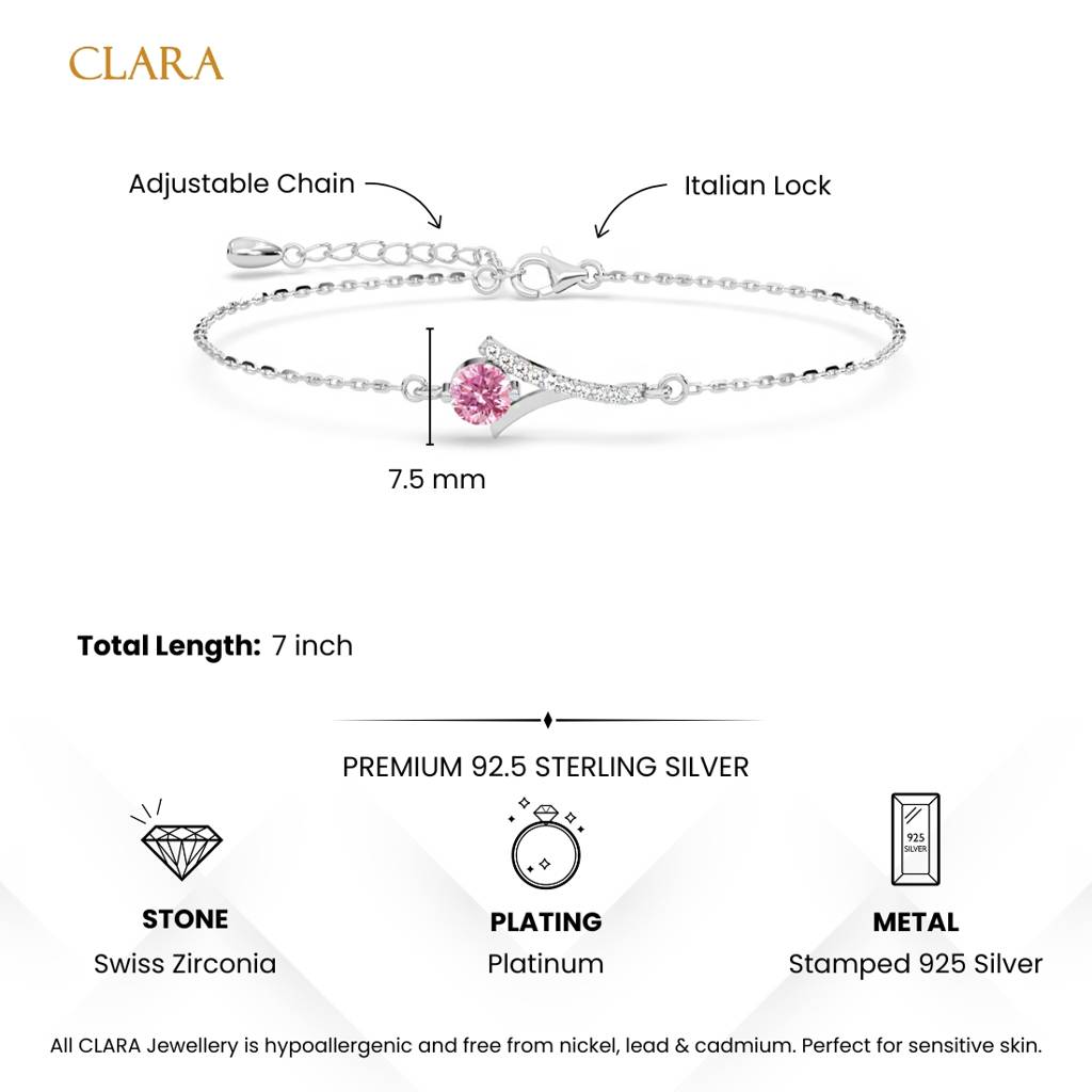925 Silver Platinum Plated Swiss Zirconia Pink Solitaire Bracelet : CSBRF71_SCH