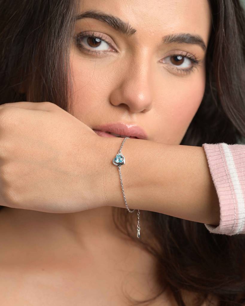 925 Silver Platinum Plated Swiss Zirconia Sky Blue Heart Bracelet : CSBRF72_SCH