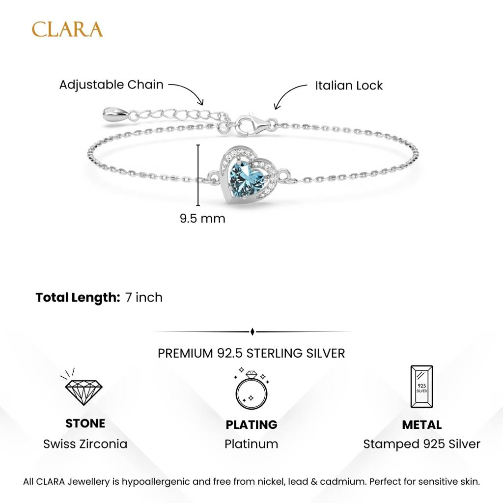 925 Silver Platinum Plated Swiss Zirconia Sky Blue Heart Bracelet : CSBRF72_SCH