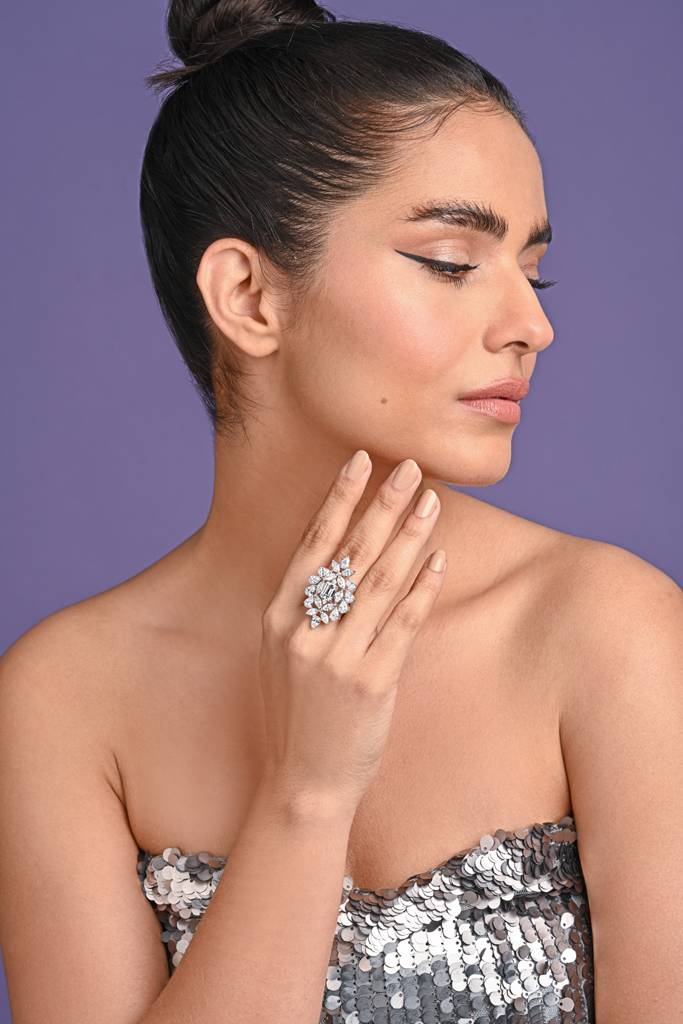 925 Sterling Silver Rhodium Plated Swiss Zirconia Long Adjustable Cocktail Ring Jewellery Gift For Women And Girls : CSCKTLR1