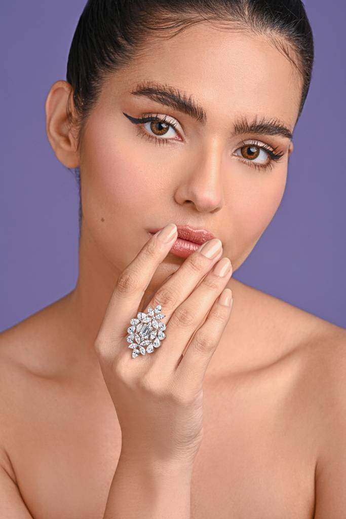 925 Sterling Silver Rhodium Plated Swiss Zirconia Long Adjustable Cocktail Ring Jewellery Gift For Women And Girls : CSCKTLR1