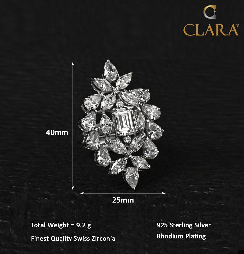 925 Sterling Silver Rhodium Plated Swiss Zirconia Long Adjustable Cocktail Ring Jewellery Gift For Women And Girls : CSCKTLR1