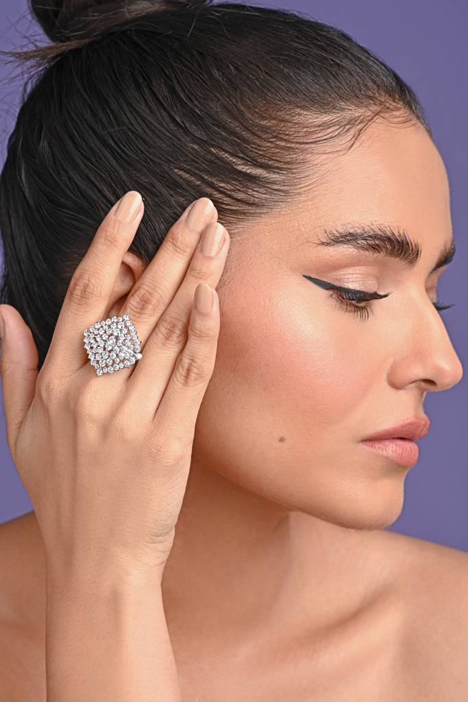 925 Sterling Silver Rhodium Plated Swiss Zirconia Cluster Adjustable Cocktail Ring Jewellery Gift For Women And Girls : CSCKTLR3