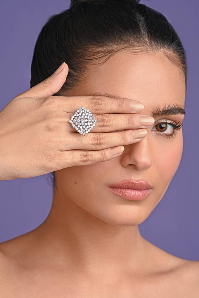 925 Sterling Silver Rhodium Plated Swiss Zirconia Cluster Adjustable Cocktail Ring Jewellery Gift For Women And Girls : CSCKTLR3