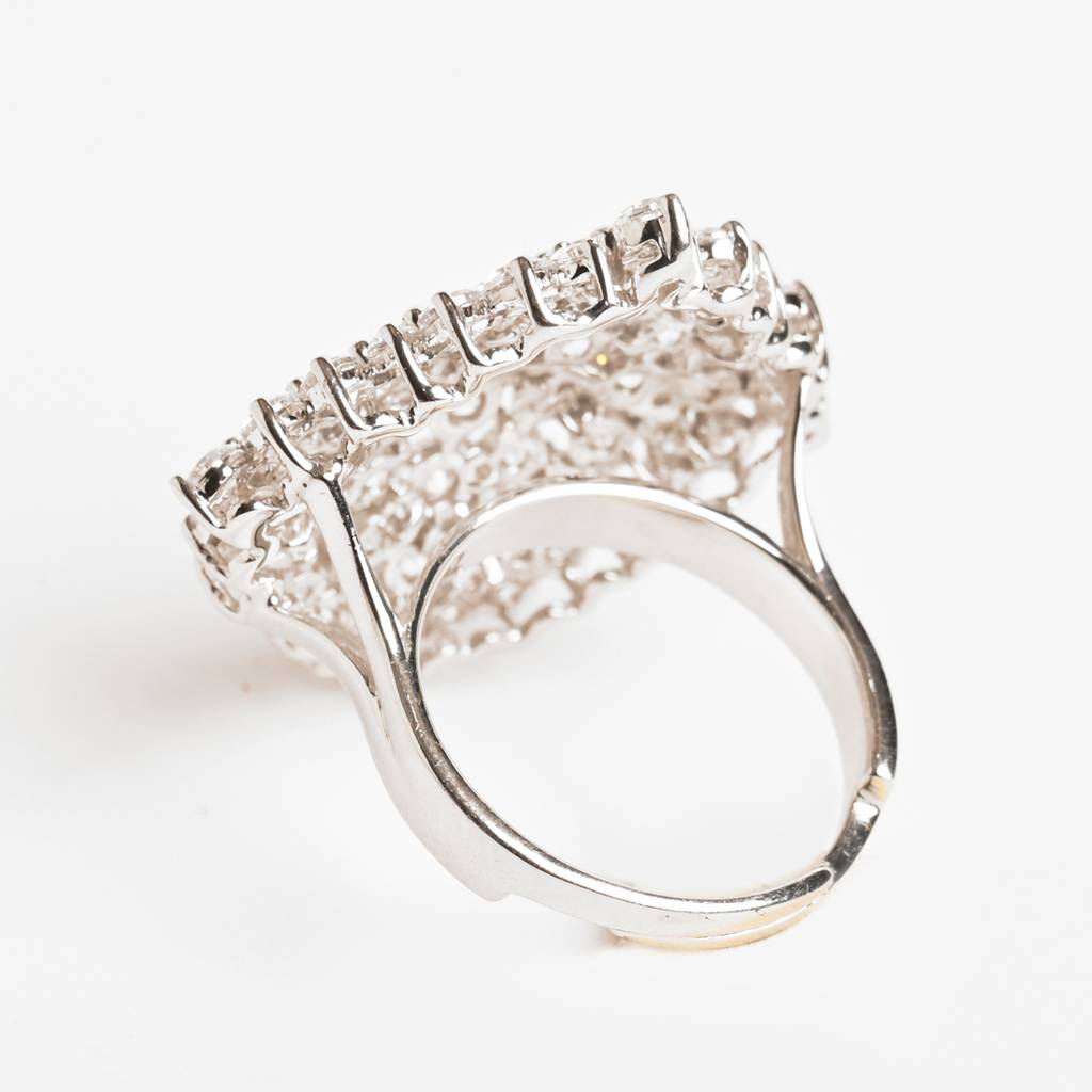 925 Sterling Silver Rhodium Plated Swiss Zirconia Cluster Adjustable Cocktail Ring Jewellery Gift For Women And Girls : CSCKTLR3