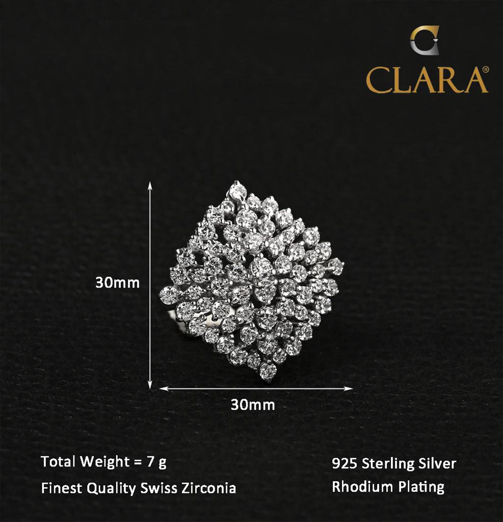 925 Sterling Silver Rhodium Plated Swiss Zirconia Cluster Adjustable Cocktail Ring Jewellery Gift For Women And Girls : CSCKTLR3