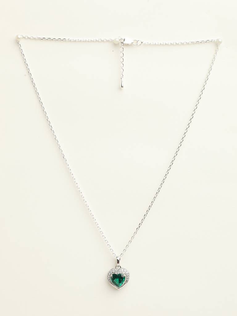 92.5 Sterling Silver Rhodium Plated Swiss Zirconia Dark Green Heart Pendant With Chain Gift For Women & Girls : CSCLRP1HT_EM