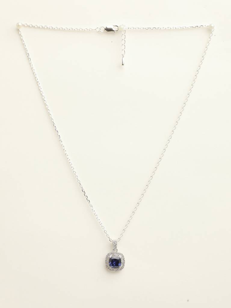 92.5 Sterling Silver Rhodium Plated Swiss Zirconia Royal Blue Cushion Pendant With Chain Gift For Women & Girls : CSCLRP2CU_BS