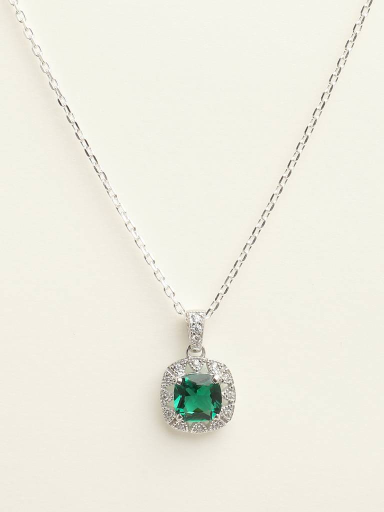 92.5 Sterling Silver Rhodium Plated Swiss Zirconia Dark Green Cushion Pendant With Chain Gift For Women & Girls : CSCLRP2CU_EM