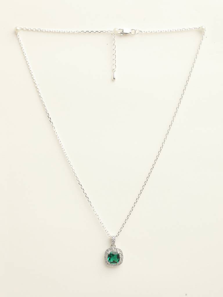 92.5 Sterling Silver Rhodium Plated Swiss Zirconia Dark Green Cushion Pendant With Chain Gift For Women & Girls : CSCLRP2CU_EM