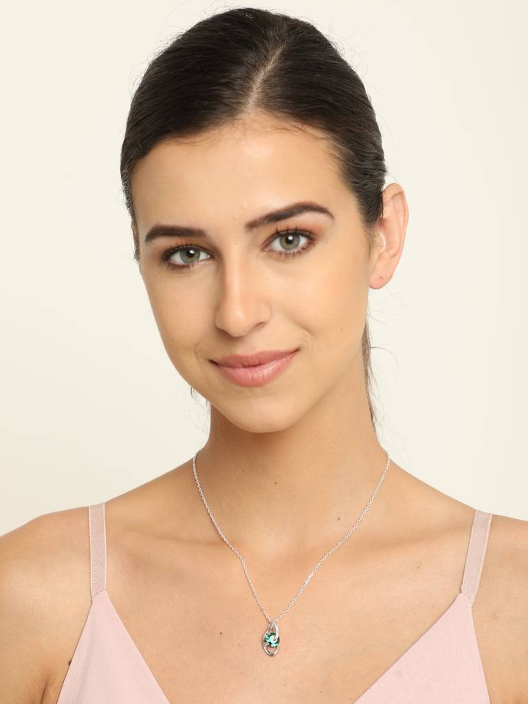 92.5 Sterling Silver Rhodium Plated Swiss Zirconia Dark Green Eye Pendant With Chain Gift For Women & Girls : CSCLRP3RD_EM