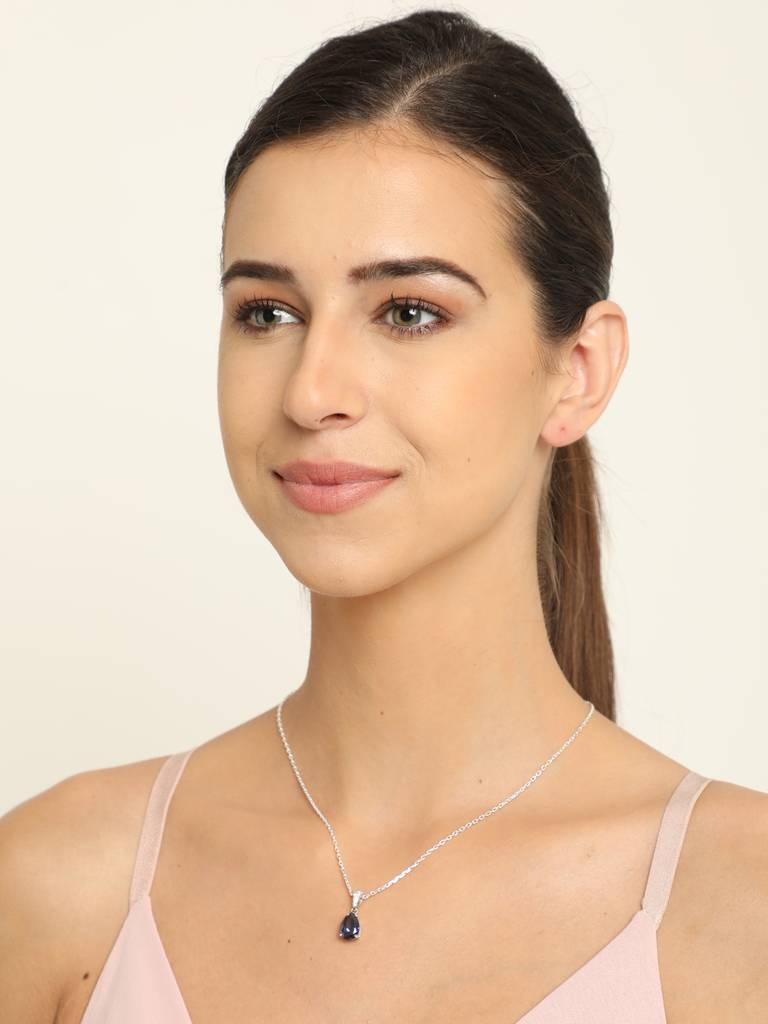 92.5 Sterling Silver Rhodium Plated Swiss Zirconia Royal Blue Tear Drop Pendant With Chain Gift For Women & Girls : CSCLRP4PR_BS