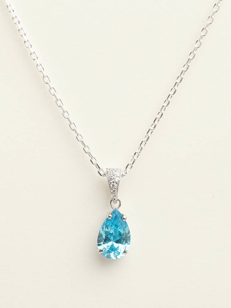 92.5 Sterling Silver Rhodium Plated Swiss Zirconia Sky Blue Tear Drop Pendant With Chain Gift For Women & Girls : CSCLRP4PR_BT