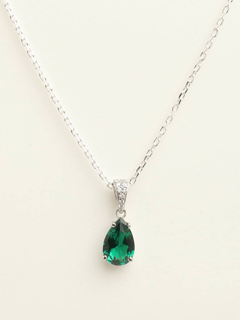 92.5 Sterling Silver Rhodium Plated Swiss Zirconia Dark Green Tear Drop Pendant With Chain Gift For Women & Girls : CSCLRP4PR_EM