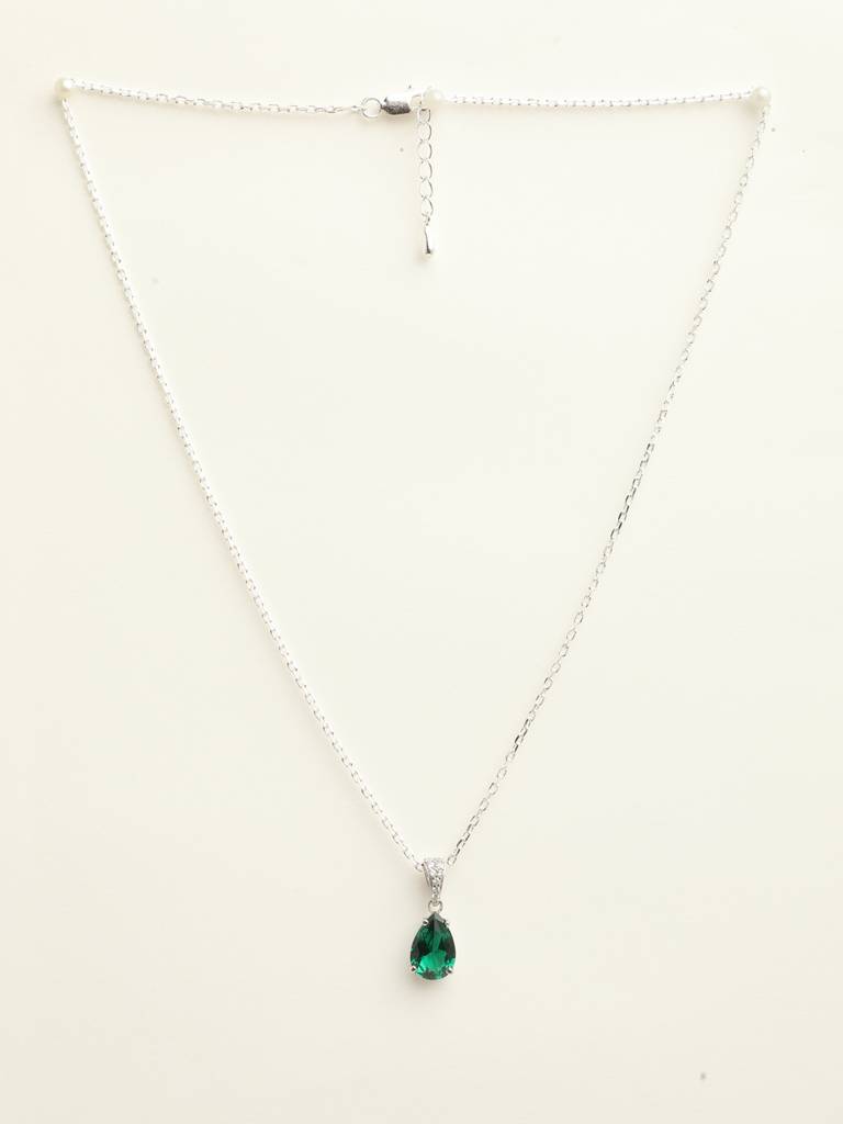 92.5 Sterling Silver Rhodium Plated Swiss Zirconia Dark Green Tear Drop Pendant With Chain Gift For Women & Girls : CSCLRP4PR_EM