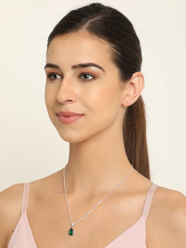 92.5 Sterling Silver Rhodium Plated Swiss Zirconia Dark Green Tear Drop Pendant With Chain Gift For Women & Girls : CSCLRP4PR_EM