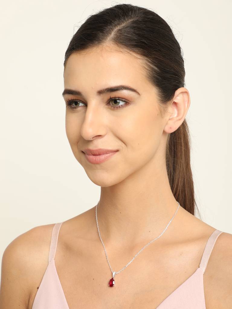 92.5 Sterling Silver Rhodium Plated Swiss Zirconia Blood Red Tear Drop Pendant With Chain Gift For Women & Girls : CSCLRP4PR_RU