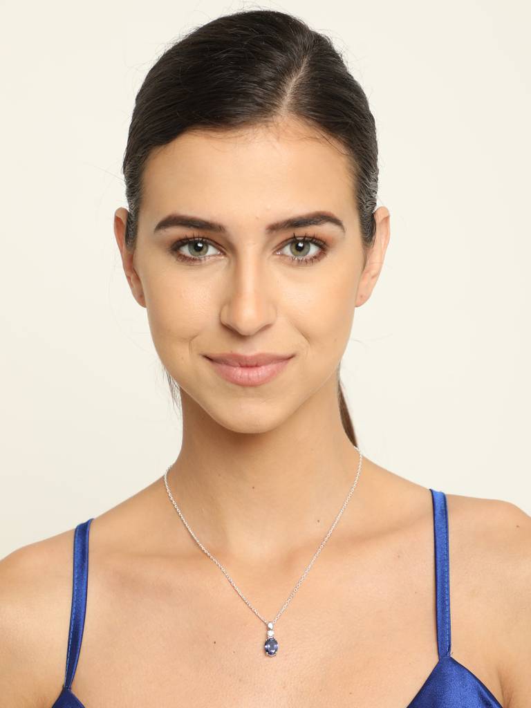 92.5 Sterling Silver Rhodium Plated Swiss Zirconia Royal Blue Oval Pendant With Chain Gift For Women & Girls : CSCLRP5OV_BS