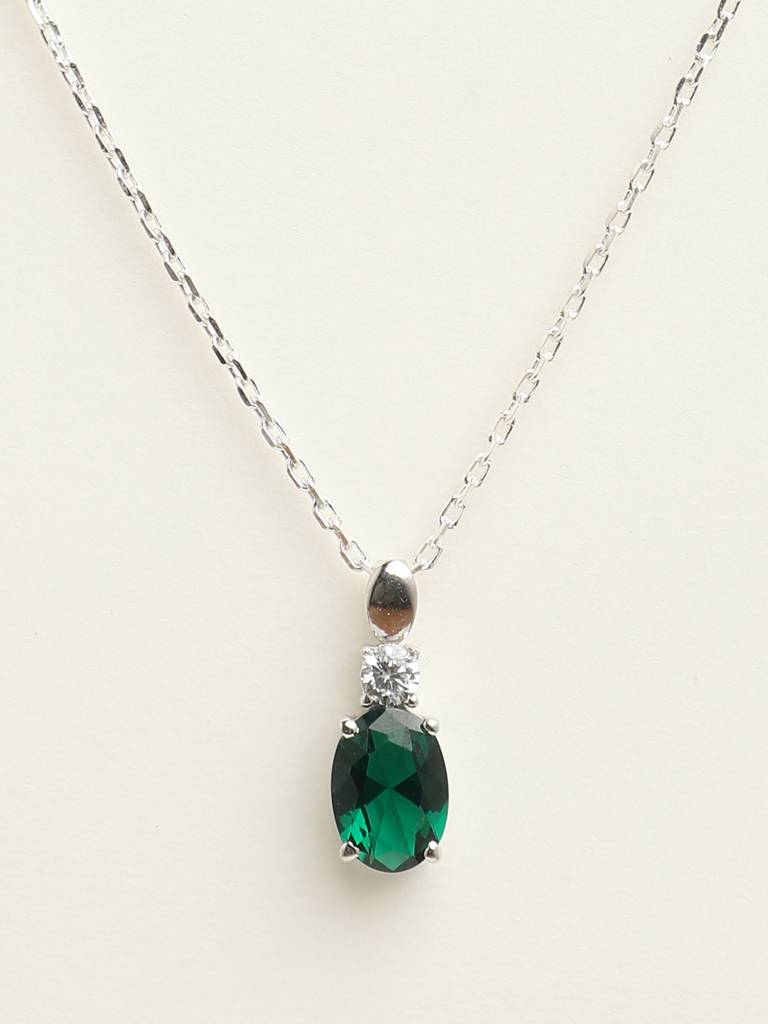 92.5 Sterling Silver Rhodium Plated Swiss Zirconia Dark Green Oval Pendant With Chain Gift For Women & Girls : CSCLRP5OV_EM