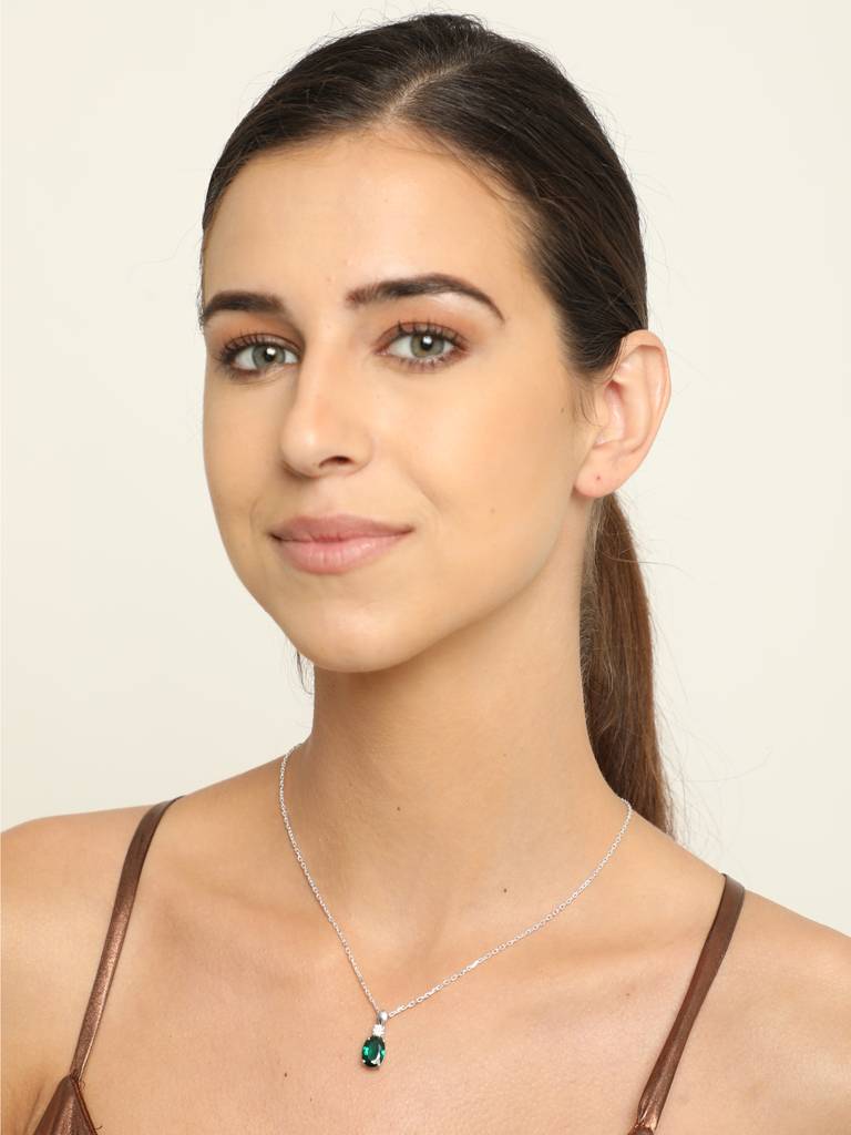 92.5 Sterling Silver Rhodium Plated Swiss Zirconia Dark Green Oval Pendant With Chain Gift For Women & Girls : CSCLRP5OV_EM
