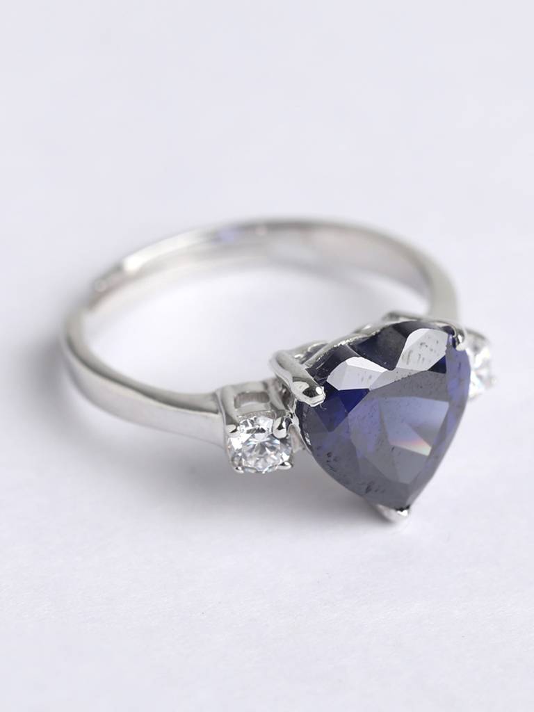 925 Sterling Silver Rhodium Plated Swiss Zirconia Royal Blue Heart Ring With Adjustable Band Gift For Women & G : CSCLRR1HT_BS