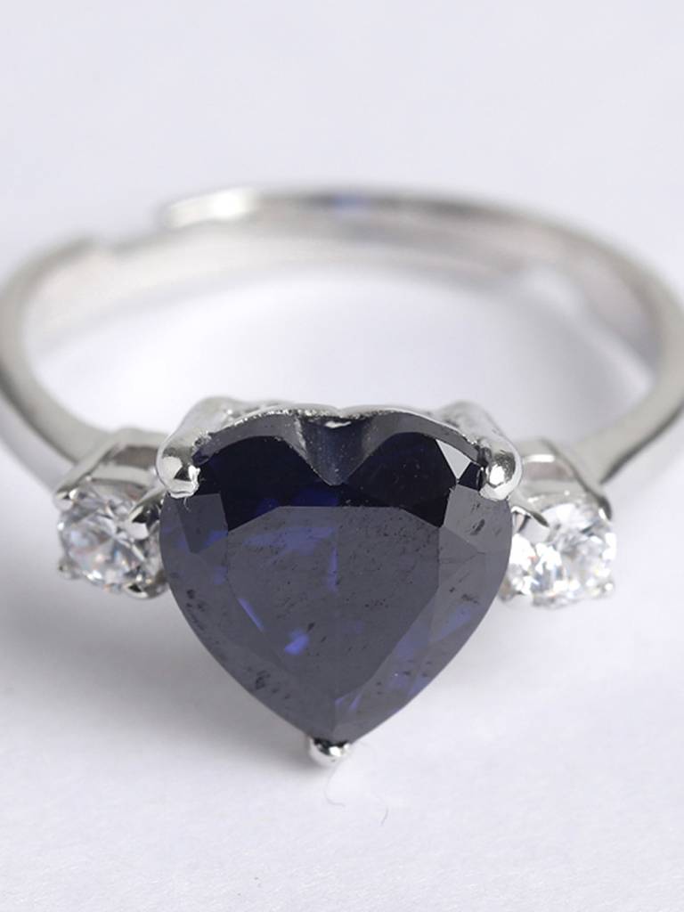 925 Sterling Silver Rhodium Plated Swiss Zirconia Royal Blue Heart Ring With Adjustable Band Gift For Women & G : CSCLRR1HT_BS