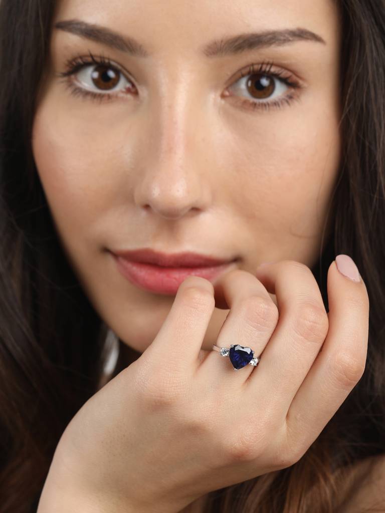 925 Sterling Silver Rhodium Plated Swiss Zirconia Royal Blue Heart Ring With Adjustable Band Gift For Women & G : CSCLRR1HT_BS