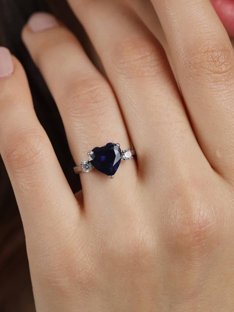 925 Sterling Silver Rhodium Plated Swiss Zirconia Royal Blue Heart Ring With Adjustable Band Gift For Women & G : CSCLRR1HT_BS